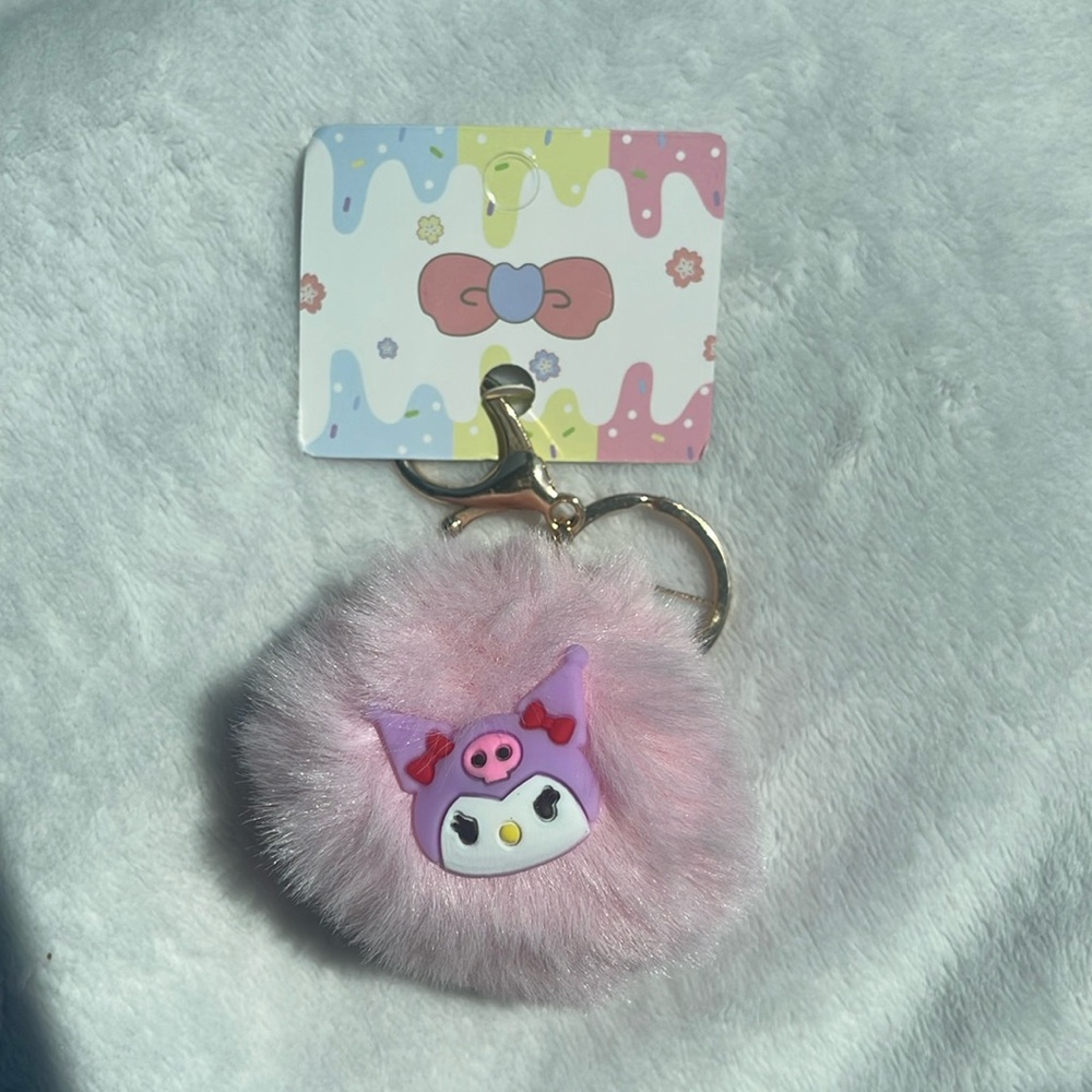 Pink Fluffy Keychain with Kuromi Character and claw clip nwt